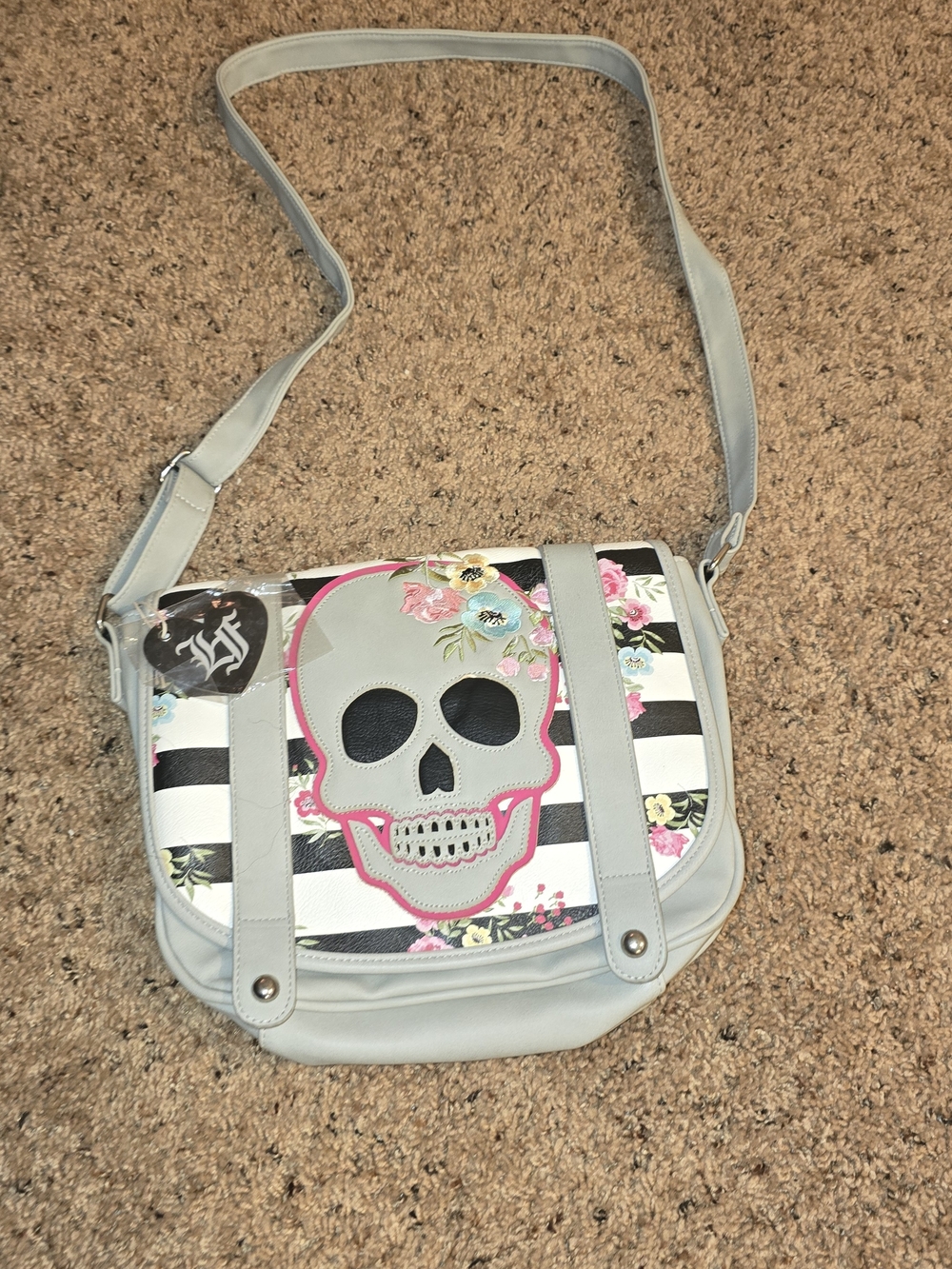 Loungefly Gray Striped Crossbody with Floral Skull Accent
